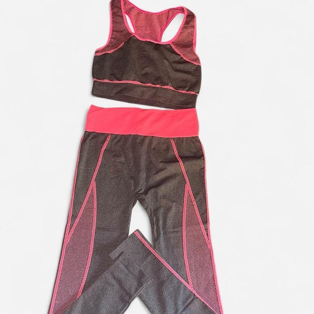 Blue Star Neon Pink Charcoal Leggings Sports Bra Set - Size L/XL